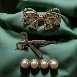 3 stk. hrclips med hvide perler og rhinsten