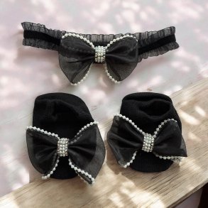 Baby hrbnd og sokker med sd sljfe - Sort