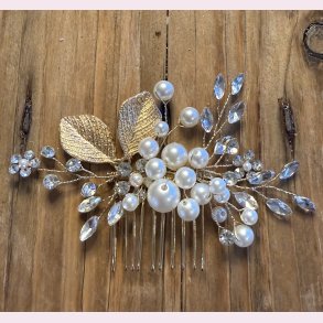 Hrnle med hvide perler, krystalperler og forgyldte blade 