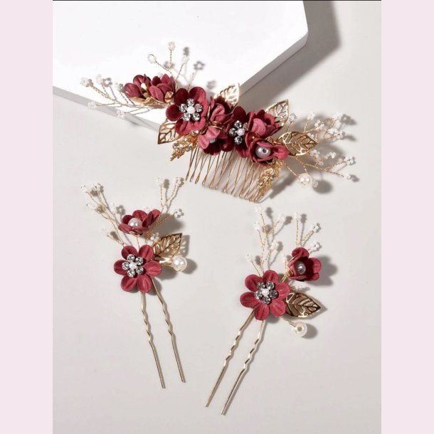 Guldfavet hrnle med smukke rde blomster og perler 3 stk. 