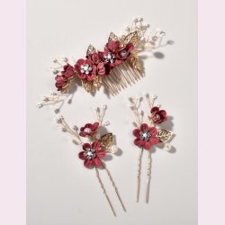 Guldfavet hrnle med smukke rde blomster og perler 3 stk. 