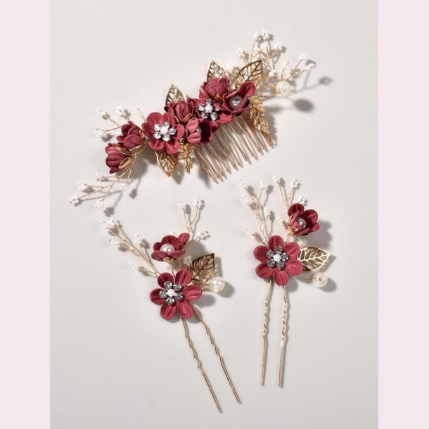 Guldfavet hrnle med smukke rde blomster og perler 3 stk. 