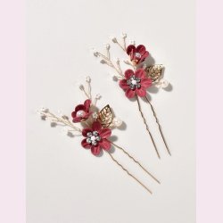 Guldfavet hrnle med smukke rde blomster og perler 3 stk. 