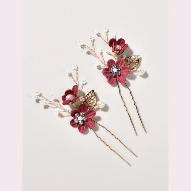 Guldfavet hrnle med smukke rde blomster og perler 3 stk. 