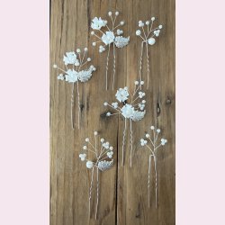 6 stk. H�rn�le med hvide perler og krystalperler - S�lv