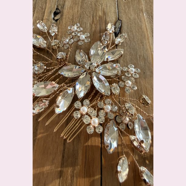 H�rkam med krystalblade &amp; perler � guld