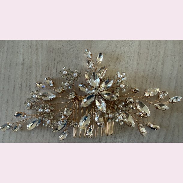 H�rkam med krystalblade &amp; perler � guld