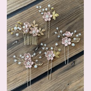 5 stk. Forgyldte hrnl med blomster og rhinesten - Sart lyserd