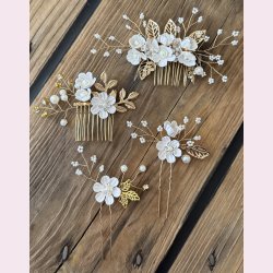 4 stk. Forgyldte hrnle med blomster og rhinesten - Hvid