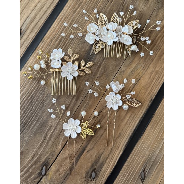 4 stk. Forgyldte hrnle med blomster og rhinesten - Hvid