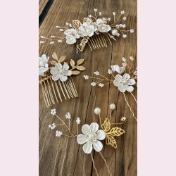 4 stk. Forgyldte hrnle med blomster og rhinesten - Hvid