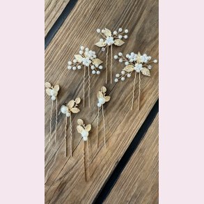 7 stk. Hrnle med hvide perler, blomster og guld blade 