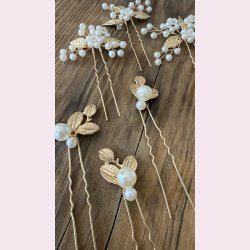 7 stk. Hrnle med hvide perler, blomster og guld blade 