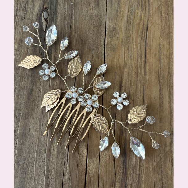 Forgyldt hrnl med klare perler og krystal blomster