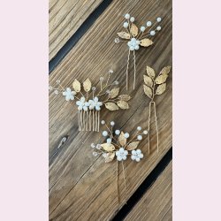 4 stk. Hrnle med hvide perler, blomster og guld blade 