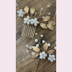 4 stk. Hrnle med hvide perler, blomster og guld blade 