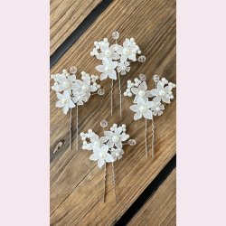 5 stk. Hrnle med hvide perler og krystalperler - Slv