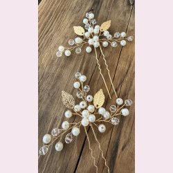 2 stk. Hrnle med smukke klare perler og hvide perler - Forgyldt