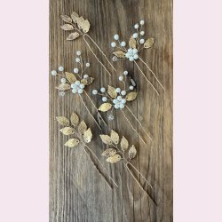 6 stk. Hrnle med hvide perler og guld blade 