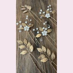 6 stk. Hrnle med hvide perler og guld blade 