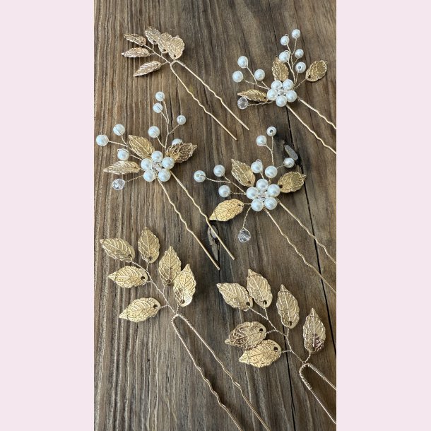 6 stk. Hrnle med hvide perler og guld blade 