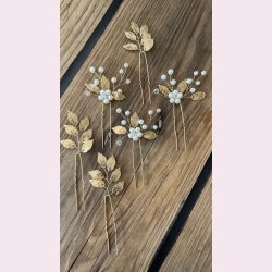 6 stk. Hrnle med hvide perler og guld blade 