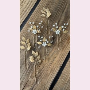 6 stk. Hrnle med hvide perler og guld blade 