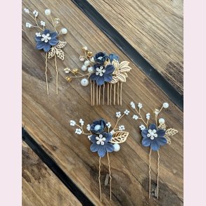 4 stk. Forgyldte hrnle med smukke mrkebl blomster blomster