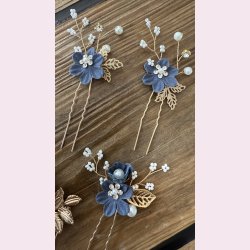 4 stk. Forgyldte hrnle med smukke mrkebl blomster blomster