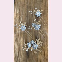 4 stk. Forgyldte hrnle med lysebl blomster 