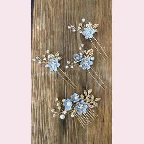 4 stk. Forgyldte hrnle med lysebl blomster 