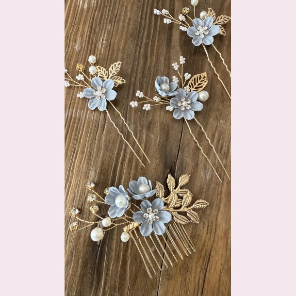 4 stk. Forgyldte hrnle med lysebl blomster 