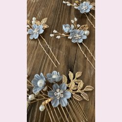 4 stk. Forgyldte hrnle med lysebl blomster 