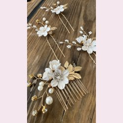 4 stk. Forgyldte hrnle med hvide blomster 