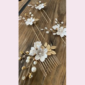 4 stk. Forgyldte hrnle med hvide blomster 