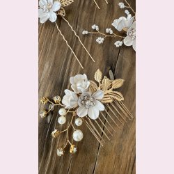 4 stk. Forgyldte hrnle med hvide blomster 