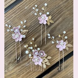 4 stk. Forgyldte hrnle med smukke sarte lyserde blomster 