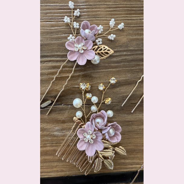 4 stk. Forgyldte hrnle med smukke sarte lyserde blomster 