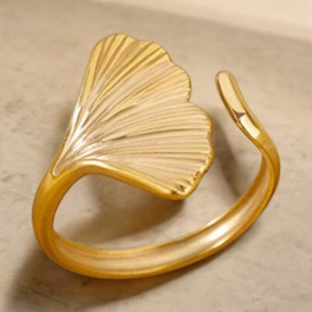 Justerbar ring med blad - Forgyldt