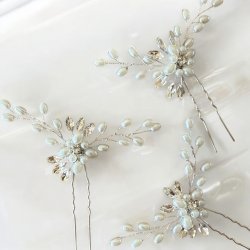 3 stk. Slv hrnle med hvide perler, krystalperler og slv blade 