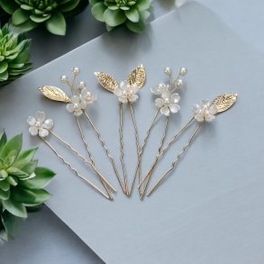 5 stk. Forgyldte hrnle med hvide blomster, perler og blade 