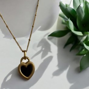 Smuk dobbeltsidet smykke med sort og hvid hjerte - Gylden