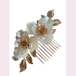 Forgyldt hrclips med smukke hvide blomster, forgyldte blade 