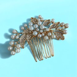 Forgyldt hrnl med hvide perler og blade med rhinesten