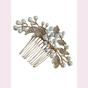 Forgyldt hrnl med hvide perler og blade med rhinesten