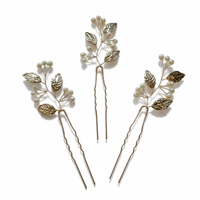 3 stk. Hrnle med hvide perler - Forgyldt