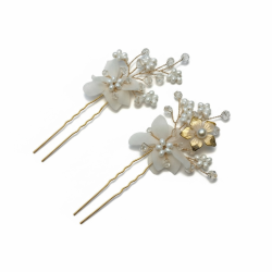 2 stk. H�rn�le med hvide perler og blomster - Forgyldt