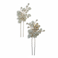 2 stk. H�rn�le med hvide perler og blomster - Forgyldt