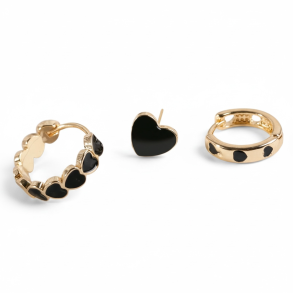 Sde reringe med sorte hjerter, 3 stk. - Forgyldt