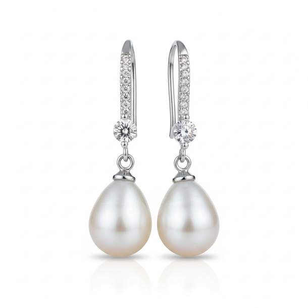 Smukke fine �reringe med zirkonia sten og perle - S�lv